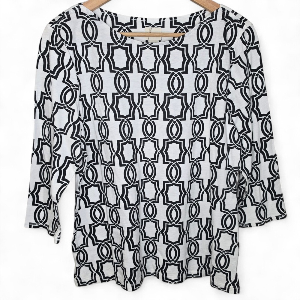 Chicos Top Womens‎ 2 US Large Black White Scoop Neck 3/4 Sleeve Casual Tee